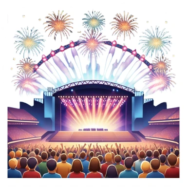 An icon showing a stadium stage with a concert in full swing, bright stage lights illuminating the performers, and fireworks bursting in the sky. The excitement of the crowd is palpable, symbolizing a love for live music and unforgettable shows. transparent background. sticker