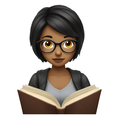 A girl with black hair and glasses reading a book sticker