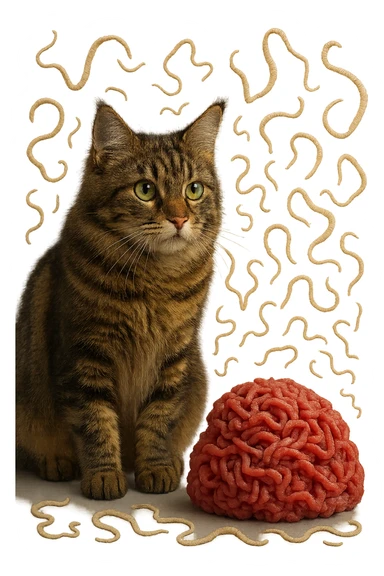 gatto stupendo e macinato di carne poco cotta a montagnetta stanno l'uno accanto all'altro con dei parassiti come la tenia che gli fluttuano intorno, iperrealistica 4k sticker