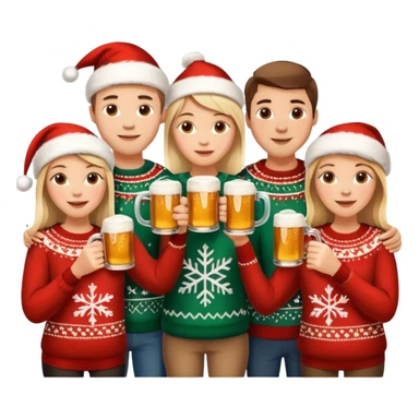 cozy Christmas scene with friends toasting beer mugs, Scandinavian jul style, festive atmosphere, warm colors sticker