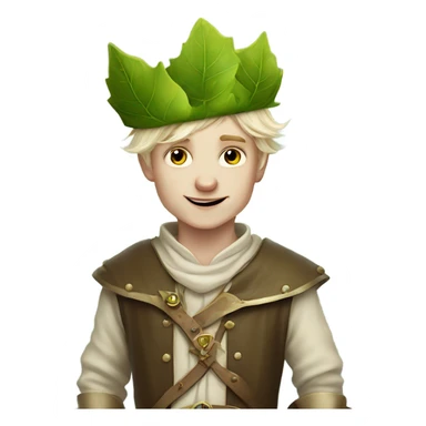 whimsical fairytale medieval pale boy who is tiny and wearing a leaf hat sticker