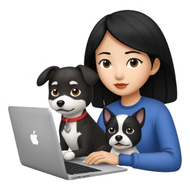 Asian girl with black hair working on an Apple laptop, next to her is a black and white dog sticker