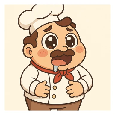 Make the chef look extremely hungry with big eyes, drooling, clutching his stomach, cartoon style with a light background. sticker