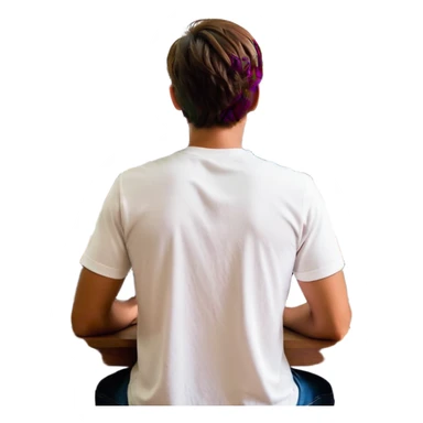 A man seen from behind, with detailed, well-lit hair. He is sitting in front of an open MacBook on a desk. On the MacBook screen, the Instagram logo is clearly visible and glowing. The scene has a modern, minimalistic aesthetic with natural lighting and a sharp, high-resolution look. sticker