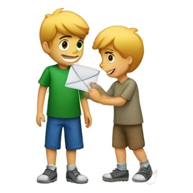 a boy giving his friend a letter sticker