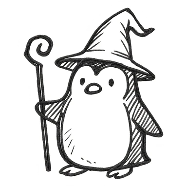 hand-drawn black outline icon of a penguin wizard with a hat and staff sticker