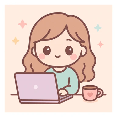 woman working on a laptop with coffee, kawaii cartoon style sticker