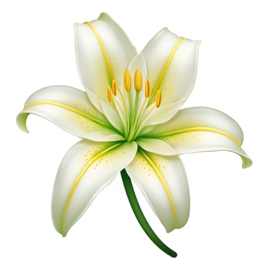 Cinematic Realistic Lily Emoji, Elegant and fragrant, with soft, white petals curling delicately around a golden-yellow stamen at its center. The long, slender green stem stands tall, supporting the vibrant bloom with its slightly curled tips. Soft glowing outline, capturing the essence of purity, elegance, and grace in a striking lily. sticker