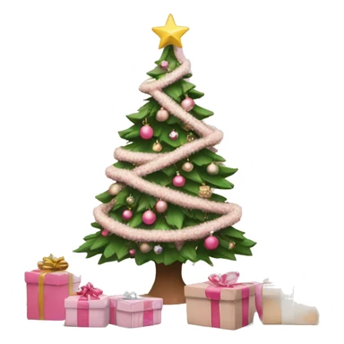 A decorated Christmas tree with snow on and pink and beige presents infront  sticker