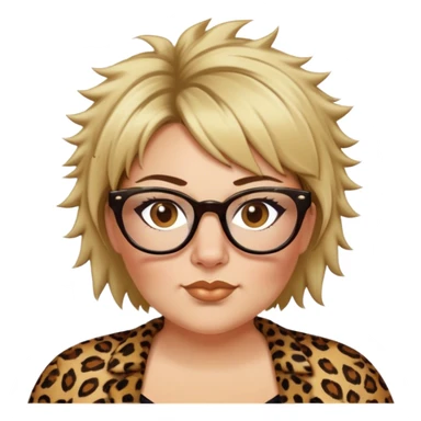 plus size white women dressed in leopard with short medium brown and blonde shaggy spiked hair wearing glasses with hazel color eyes and wide flat nose sticker