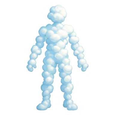 a person composed of many small clouds, bright and recognizable, no text sticker