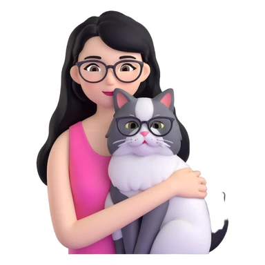 Skinny woman with oval glasses, long straight black hair, pink cheek blush, wearing white sleeveless top, hugging a grey Persian-Angora cat, plain background sticker