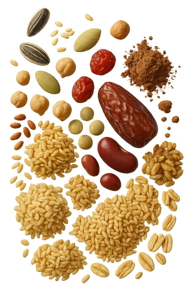 semi, frutta secca, legumi, cereali integrali, cacao amaro fluttuano in aria , iperrealistici 4k sticker