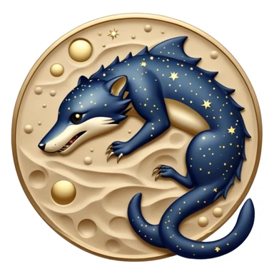 A nocturnal predator with a body resembling polished bronze plates that absorb moonlight, featuring constellation patterns that rearrange themselves to hypnotize prey before it strikes from beneath the sand. sticker