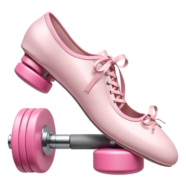 A high-quality 3D icon of pink ballet shoes next to a grey dumbbell. Soft studio lighting, cute and glossy texture. sticker