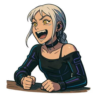  she is laughing outrageously and pounding her fist on the table, eyebrows pointed up, a closeup portrait of young woman with gold yellow eyes, white hair, long braid, black off-shoulder top, punk gothic style, futuristic cyberwave cyberpunk, sitting position
 sticker