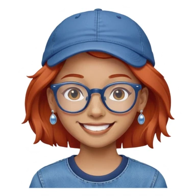 Young person with red hair, glasses, earrings and a wonderful smile, wearing blue clothes, jeans and a cap sticker