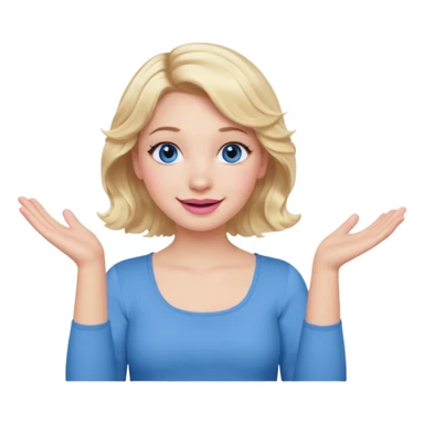 Girl Blonde short wavy hair,  blue eyes, cute blue top, long lashes, pink lips, smiling, shrugging hands raised sticker