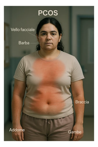 Realistic and cinematic vertical image of a woman with PCOS. Anatomically highlight with colors or transparencies the areas most affected by excess hair (face, chin, chest, abdomen, arms, legs). Clinical atmosphere with captions in Italian. Aspect ratio 2:3. sticker