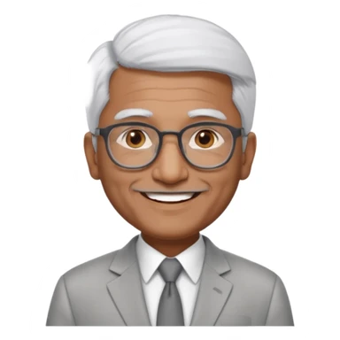 60 yr old indian man, short straight white hair brushed foreward , light grey business suit, big smile, dark brown skin, no moustache, dark brown eyes, glasses
 sticker