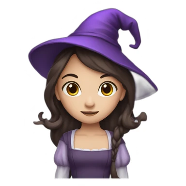 a young white brown thin girl with straight dark hair dressed as a purple witch sticker