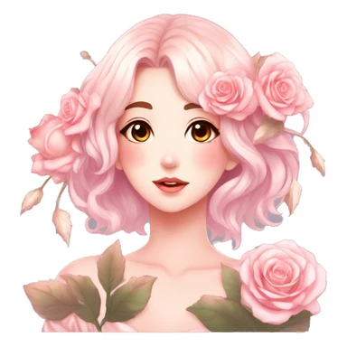 Gorgeous shiny pastel anime style lady with blushing face and roses leaves shiny aesthetic trending style sticker