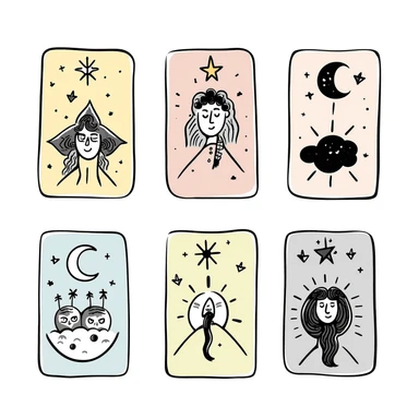 Tarot cards with mystical symbols in pastel colors (dd9fb0, ffc6d3, a3bfc9, c4bee2, f1b091), hand-drawn doodle style sticker