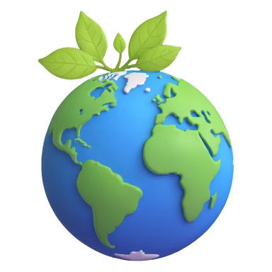 A single green leaf resting gently on top of a vibrant, round Earth globe. The focus is on the leaf and the globe with a simple background and soft natural lighting sticker