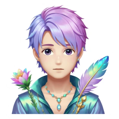 Beautiful gorgeous anime guy with beautiful iridescent-special-hair, fashion aesthetic, ethereal, fairycore, pastelcore, feather, flower, gems, accessories, jewelries, gold, colorful sticker