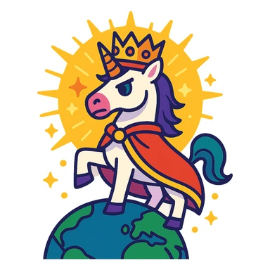 regal unicorn king with a crown surrounded by a luminous aura standing as the conqueror of the world sticker