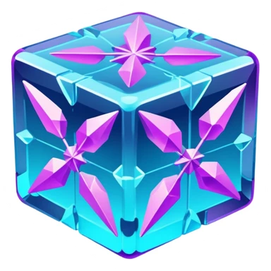 Futuristic glowing ice crystal cube, icy neon cyan highlights, purple neon accents, dark background, digital tech style. sticker