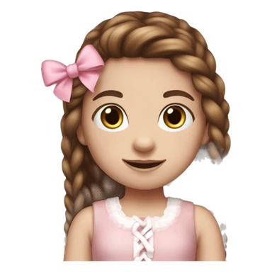 Little Girl with White skin, blue eyes. Long brown hair with two braids and two pink bows in it. She is wearing a pink and White dress, standing and holding on to a teddybear. sticker