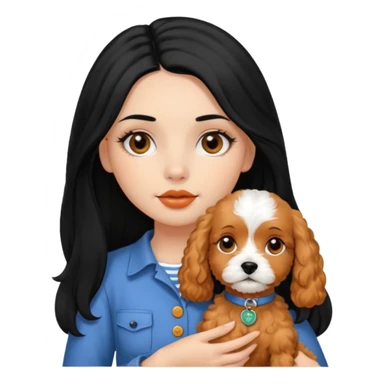 Italian girl long straight black hair black eyes button nose full lips holding apricot Cavapoo dog sticker