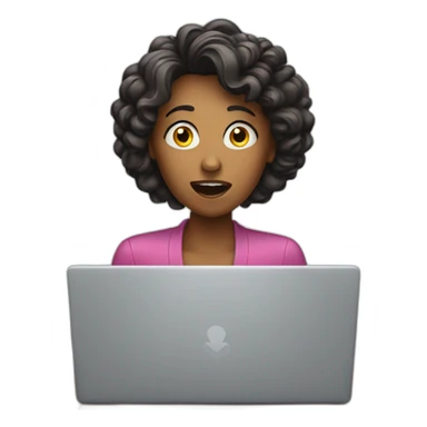 women in front of a laptop with a surprised face sticker