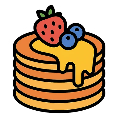 stack of pancakes with honey and fruit sticker