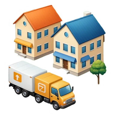 top view of a truck, package, company building, and residential house side by side, connected by street lines, clear symbols, friendly colors, neutral background sticker