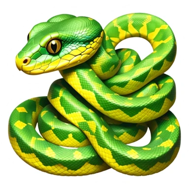 cinematic-green tree python-realistic-full-body-coiled-emoji,-thick-scaled-body-looped-tightly,-intricate-tellow and green-patterned-scales-reflecting-light,-head-tilted-dramatically,-slitted-eyes-staring-calmly,-simplified-yet-realistic-focused-feature sticker