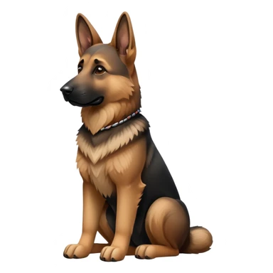 cinematic-[german shepherd]-realistic-full-body-sitting-emoji,-tail-resting-loosely-beside-its-paws,-head-tilted-dramatically,-sleek-[brown and black]-fur,-simplified-yet-realistic-focused-features,-highly-detailed,-glowing-with-an-almost-sarcastic-glow sticker