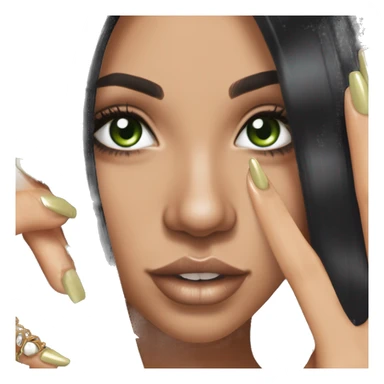 Glamorous, streetwear, black hair, long straight hair, olive skin, green almond eyes, winged eyeliner with big lashes, wearing hooped earrings, rings and bracelets, almond fake nails sticker