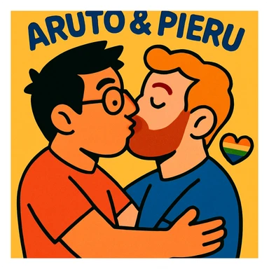 a gay couple kissing, with 'aruto & pieru' written above, in a warm, inclusive, and affectionate style sticker