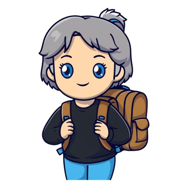 white woman park ranger with blue eyes, brown and gray hair, wearing a backpack sticker