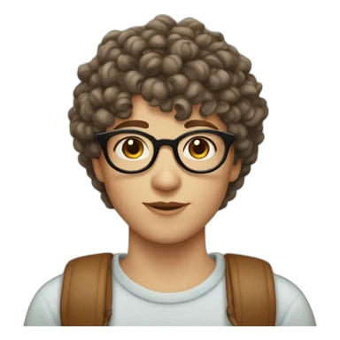 Androgynous white person with short curly brown hair with bangs and round glasses sticker