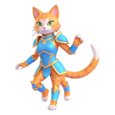3D cat girl hybrid, fantasy armor, feline features, magical aura, dynamic stance sticker