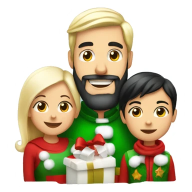 Mom with black hair, dad with blonde beard and 2 years old kid saying Merry christmas sticker