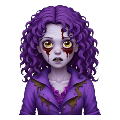 Zombie woman with curly, dark brown long hair (not thick or voluminous) wearing a ruined purple outfit.  sticker