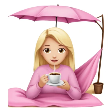 Una chica rubia envuelta en una manta con un café de color rosa pastel  sticker