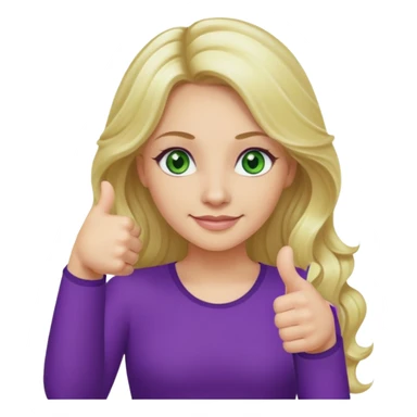 lady with long wavy blonde hair, purple top, green eyes, one thumb up sticker
