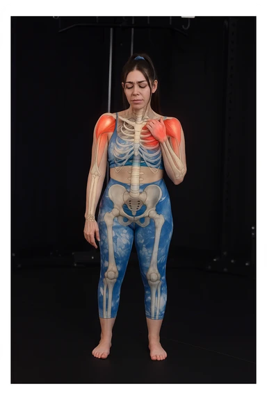 A woman with shoulder pain, add anatomically highlighted shoulders on the body, variant 4, in a style suitable for editing and anatomical emphasis. sticker