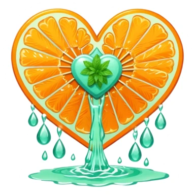 orange glittery heart, chopped  in pieces  with mint green water dripping down and a couple art deco fans  sticker