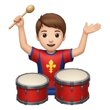 A young boy wearing team colors, banging a small drum excitedly. sticker